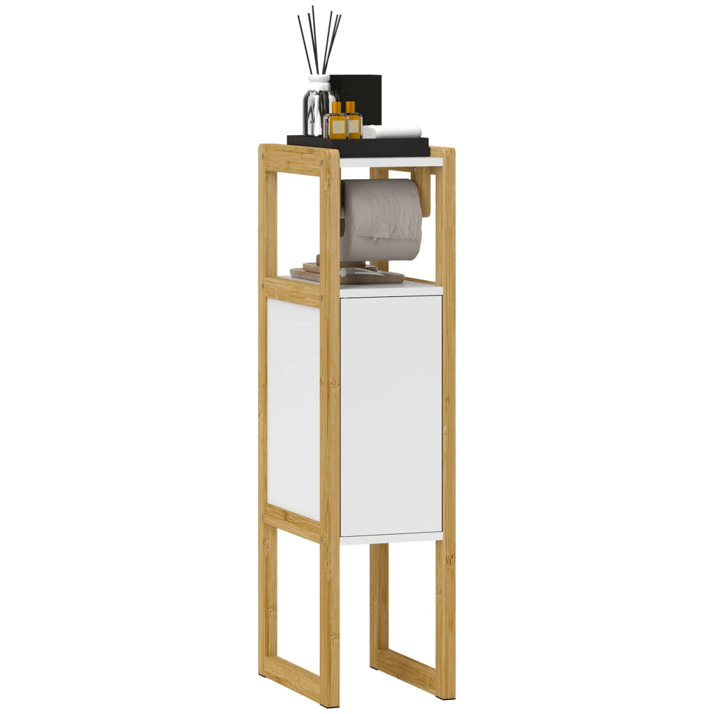 Mobile Bagno Salvaspazio con Porta Carta Igienica, Armadietto e Ripiano in Bamb¨´, 20x33x80cm, Bianco