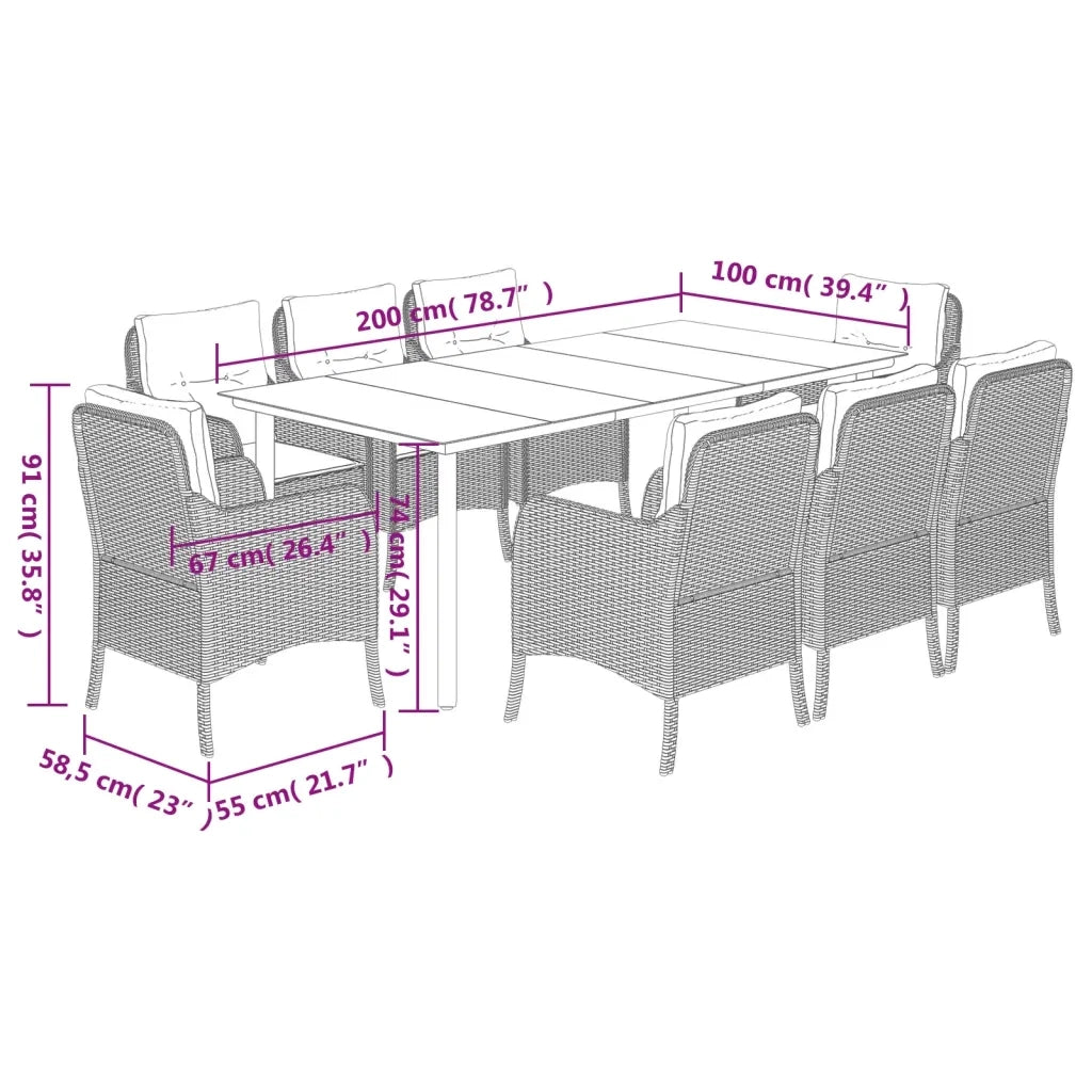 Set da Pranzo da Giardino 9 pz con Cuscini Beige in Polyrattan