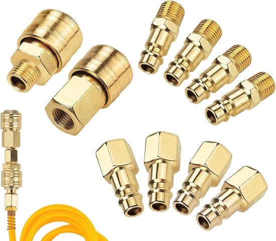 Set di connessione dell'aria - 10 pezzi - Connettore rapido per compressore dell'aria - 1/4 pollici - Accessori con valvola - Adatto per officina e...