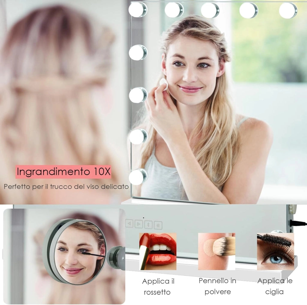 Specchio per Trucco Illuminato con 15 Lampadine Luci LED, Specchio da Toeletta Controllo Touch, per Scrivania Muro, 3 Modalità di Colore, con Altoparlante Bluetooth USB, 58x48 cm