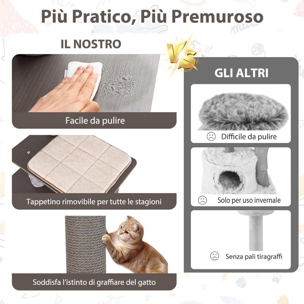Albero per Gatti a 6 Livelli, Torre per Gatti Alta 151 cm con Condominio, Tappetini Removibili e Tiragraffi, Albero Tiragraffi per Arrampicata per Gattini in Legno con Palla Pompom Appesa