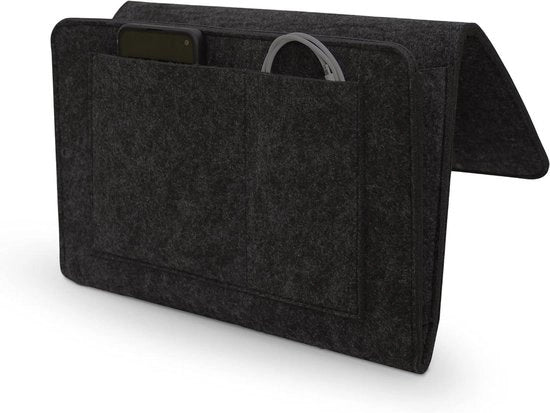 Organizzatore per letto o divano con 5 contenitori - 20 x 32 cm - Utilissimo come comodino - Organizzatore per libro, telefono, occhiali - Antiscivolo - Nero
