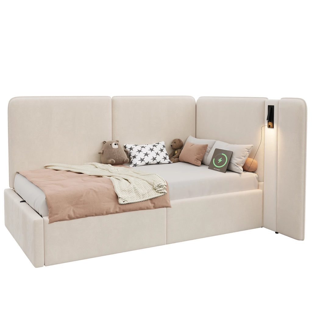 Letto Imbottito con Contenitore Idraulico ¨C MINIMAL ¨C Velluto Beige 90x200, USB