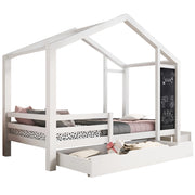 Letto Casetta 90 x 200 cm con 2 Cassetti e Lavagna; con Sponda in Legno - Bianco