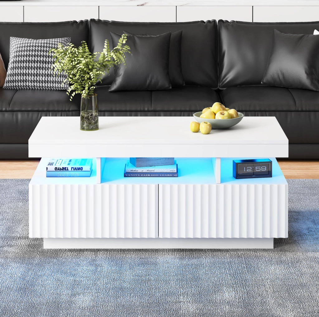 Tavolino da caffè bianco 100x50x45 cm con 2 cassetti e LED