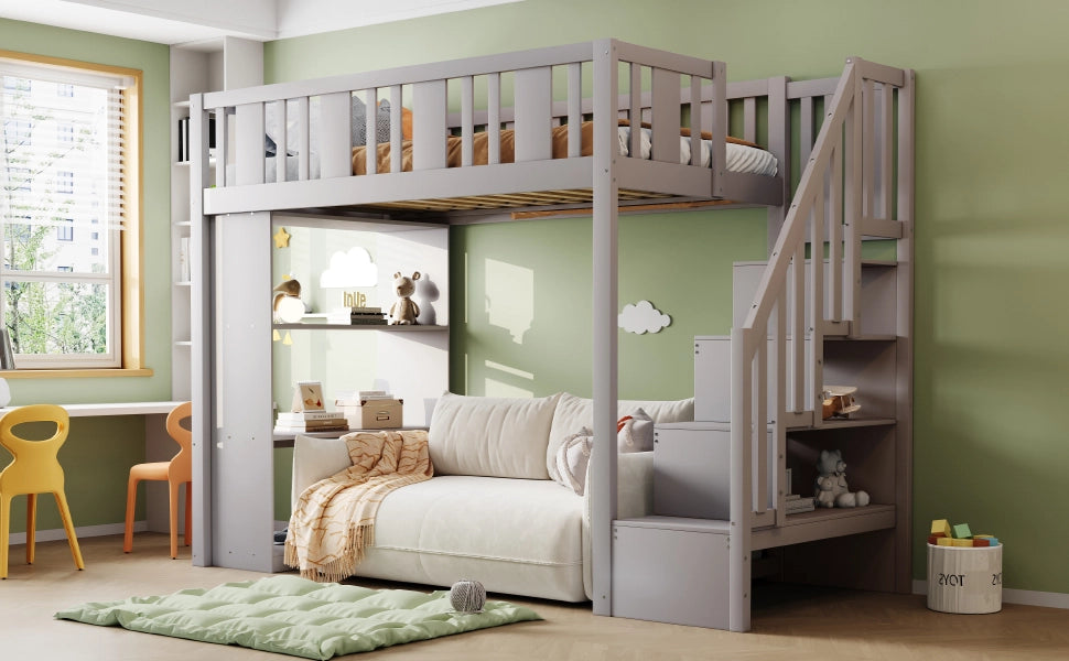 DESMIU Letto a soppalco 1 posto con scala contenitore e 3 vani, 90 × 200 cm, senza materasso, grigio