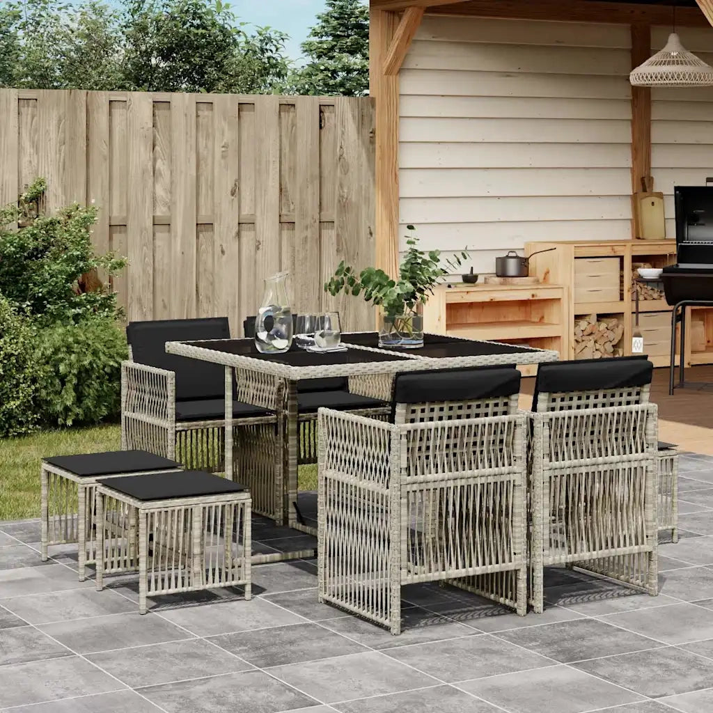 Set Pranzo da Giardino 9pz | Set Salotto da Giardino con Cuscini Grigio Chiaro Polyrattan
