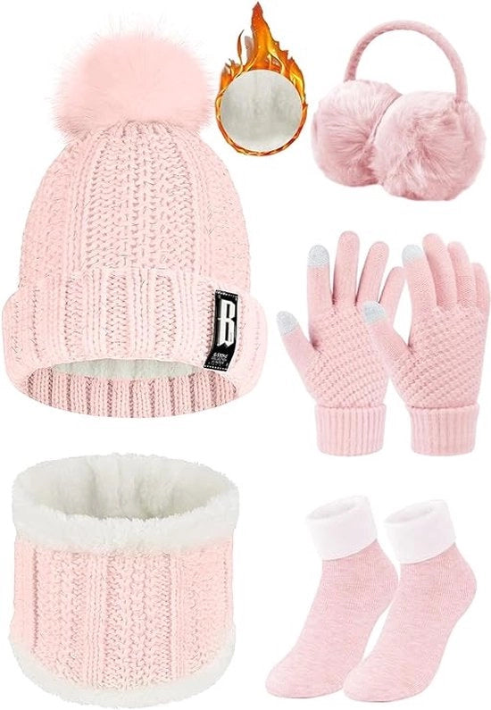 Set di cappello e sciarpa invernale 5 pezzi, set di orecchini in piuma di montone caldi cappello e sciarpa invernale e guanti touchscreen per donne calze termiche per sci e sport all'aperto, Rosa.