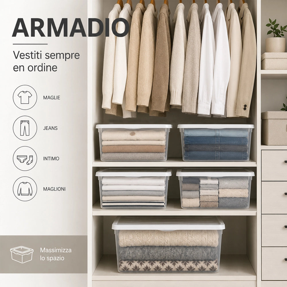 Set 5 Contenitori in Plastica Spring Box 1M + 4XS Coperchio Bianco Portaoggetti