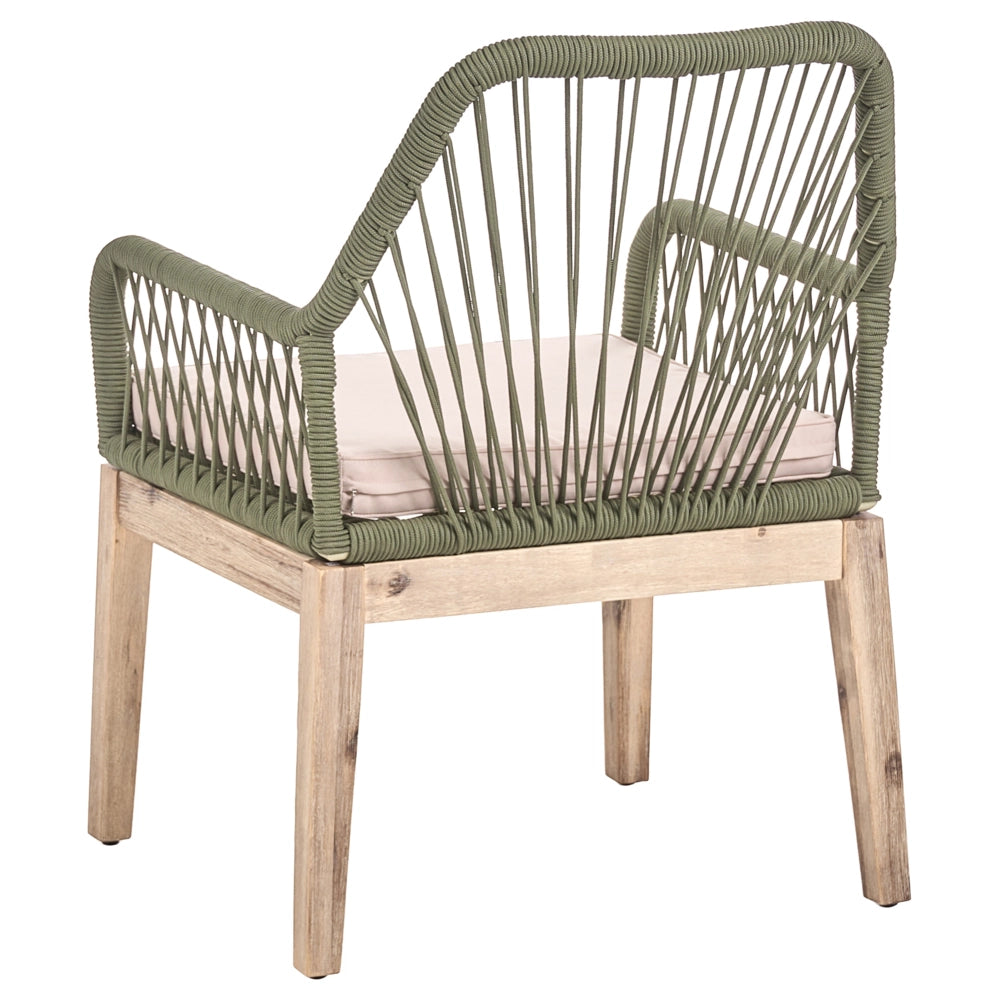 Set di 2 sedie da pranzo da esterno, struttura in polipropilene bianco e verde oliva gambe in legno di acacia, cuscini in poliestere, design moderno, rivestimenti sfoderabili, intreccio in corda