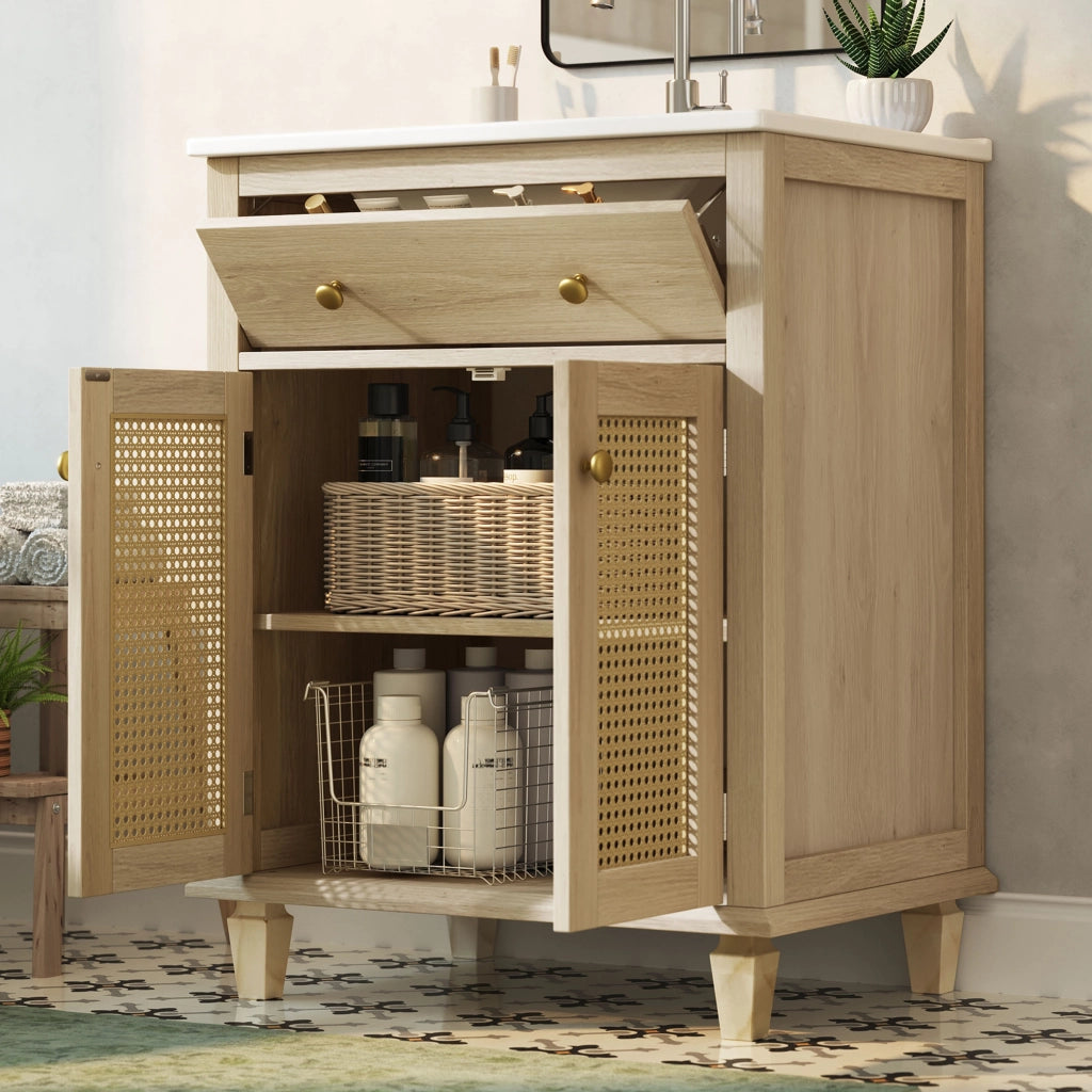 Mobile sottolavabo con cassetto ribaltabile e 2 ante - per bagno - in MDF e ceramica - 61×47×87 cm - naturale