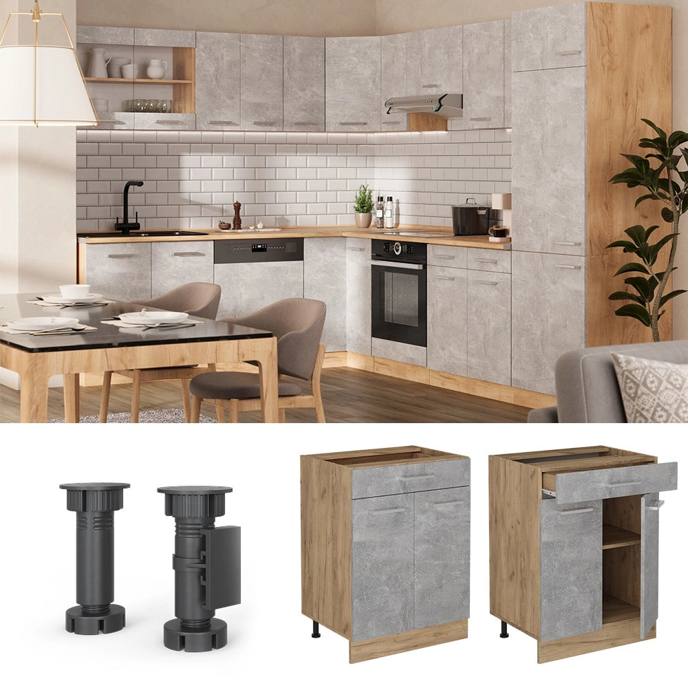 Mobiletto base per cucina R-Line Calcestruzzo/Rovere dorato 60 cm con cassetto, senza piano di lavoro Vicco