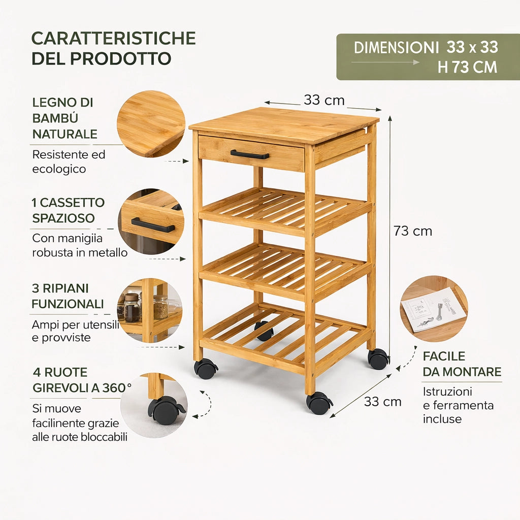Carrello Cucina in Legno Bambù con Cassetto 3 Ripiani 4 Ruote 360 Design Minimal