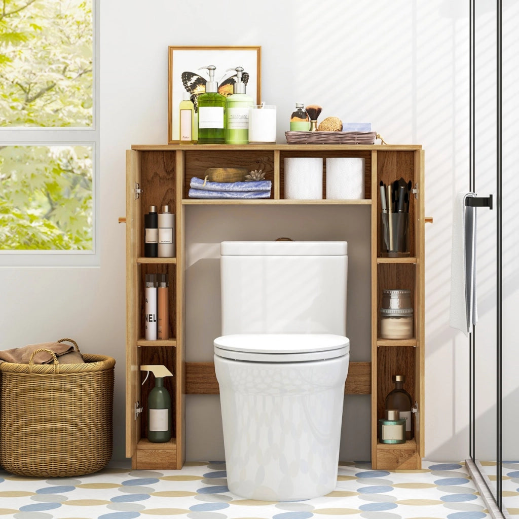 Scaffale sopra WC con doppia anta 2 scomparti aperti e 4 ripiani regolabili, Mobile a ponte per bagno Naturale-Armadietti da bagno