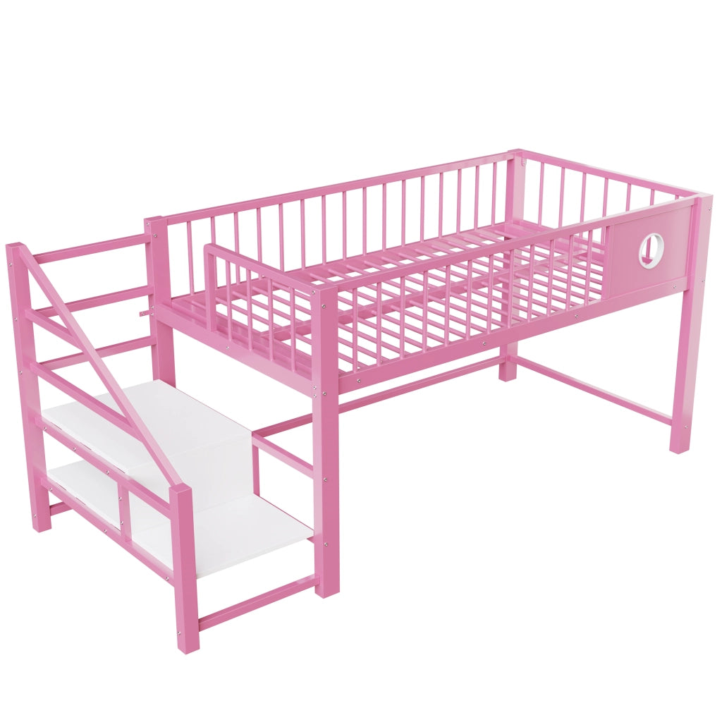 Letto a soppalco basso per bambini e adolescenti 90 × 200 cm con scala contenitore, senza materasso, in metallo, rosa