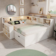 Letto 140x200 cm con vani contenitore, lampade e prese USB, in truciolare, MDF e compensato bianco