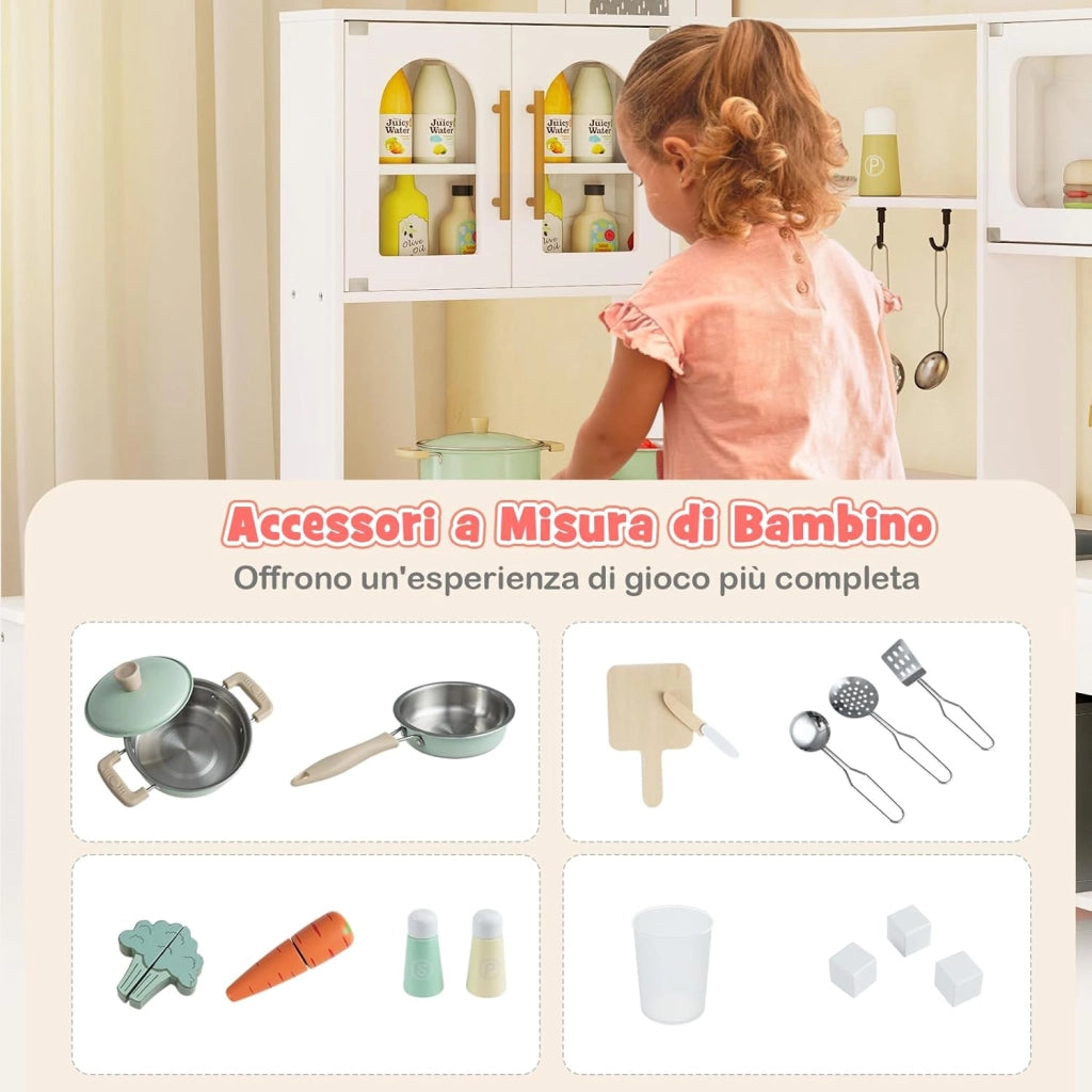 Cucina Giocattolo Angolare in Legno, Set di Cucina Giocattolo per Bambini con Lavabo, Fornelli, Forno, Frigorifero, Macchina del Ghiaccio e Accessori, per Bambini 3 Anni+ (Bianco)