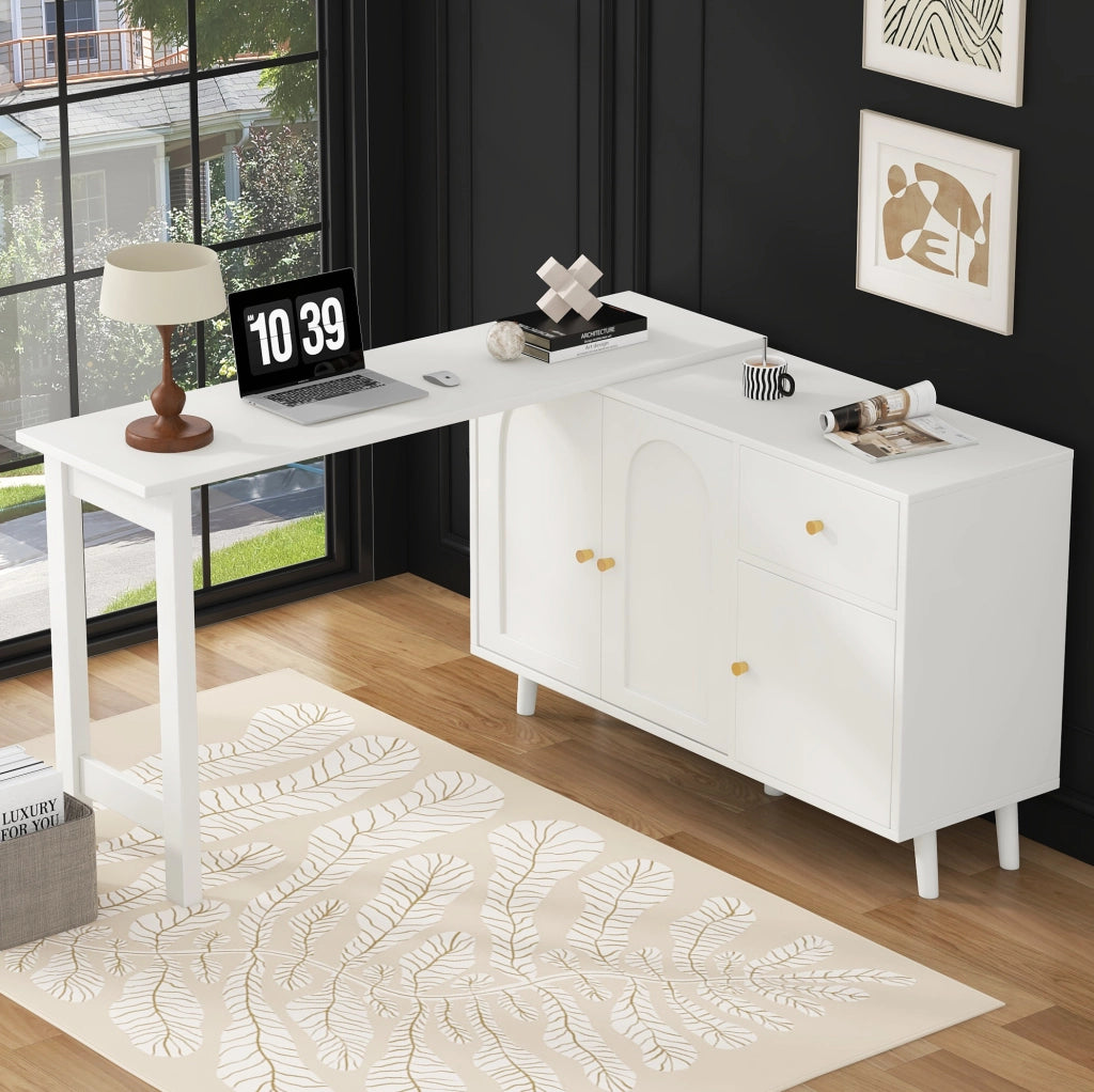 Scrivania 2 in 1 con sideboard girevole 360°; 3 ante e 1 cassetto; 120x40x74;5 cm; bianco