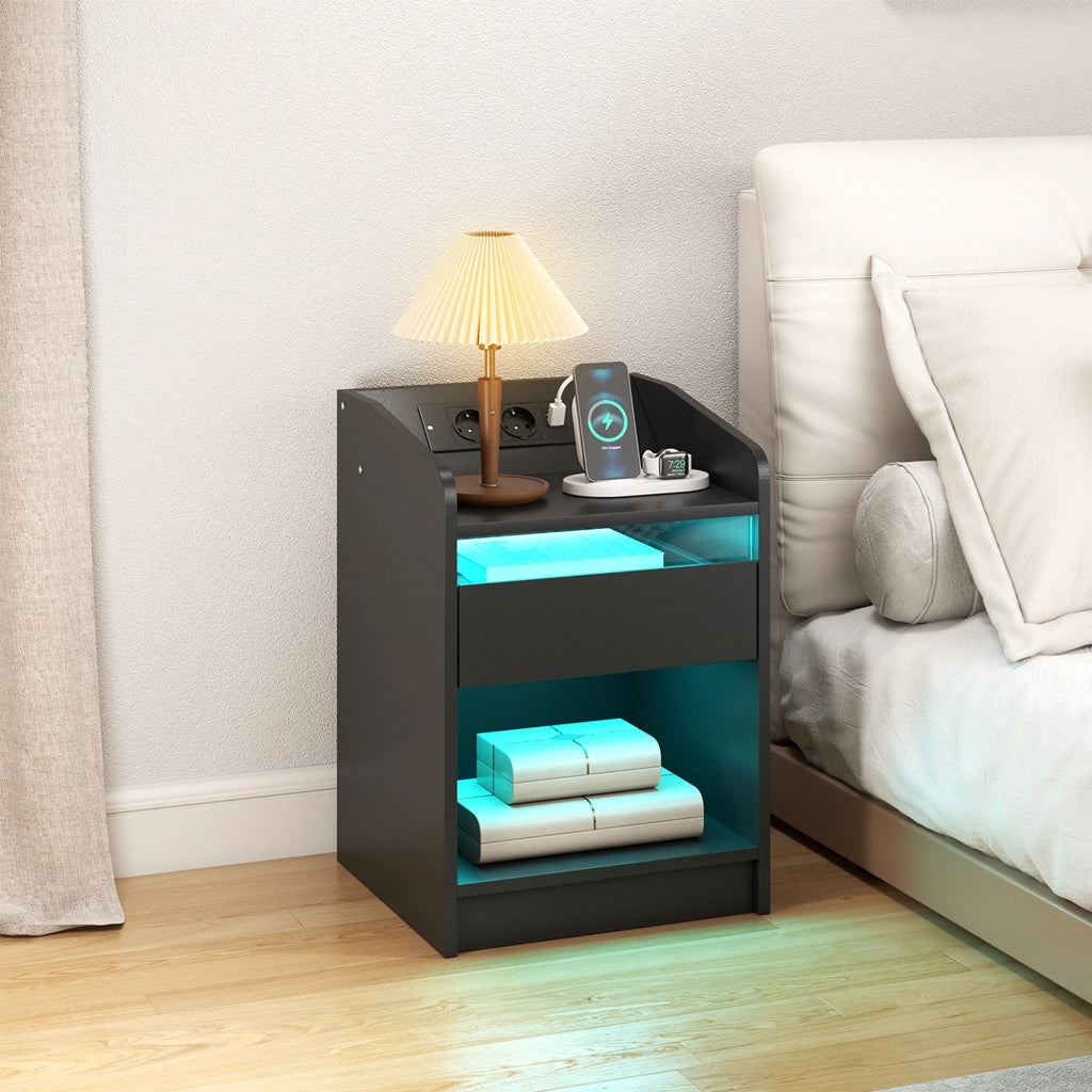 Comodino con Luci LED RGB e Cassetto ¨C Zephmum ¨C 40x40x58 Cm Nero