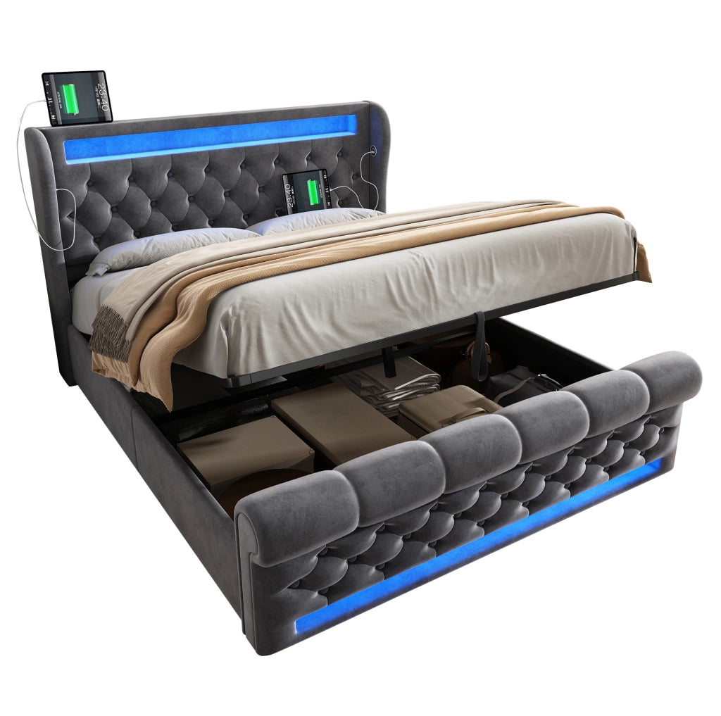 Letto matrimoniale in velluto con LED, ricarica USB e Tipo C, contenitore idraulico