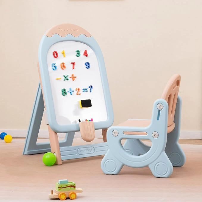 Lavagna Cancellabile con Sedia per Bambini, Set Tavolo e Sedie per Bambini con Scatola Portaoggetti, Piedini Antiscivolo, Cancellino e Pennarelli, Cavalletto per Cameretta (Blu)