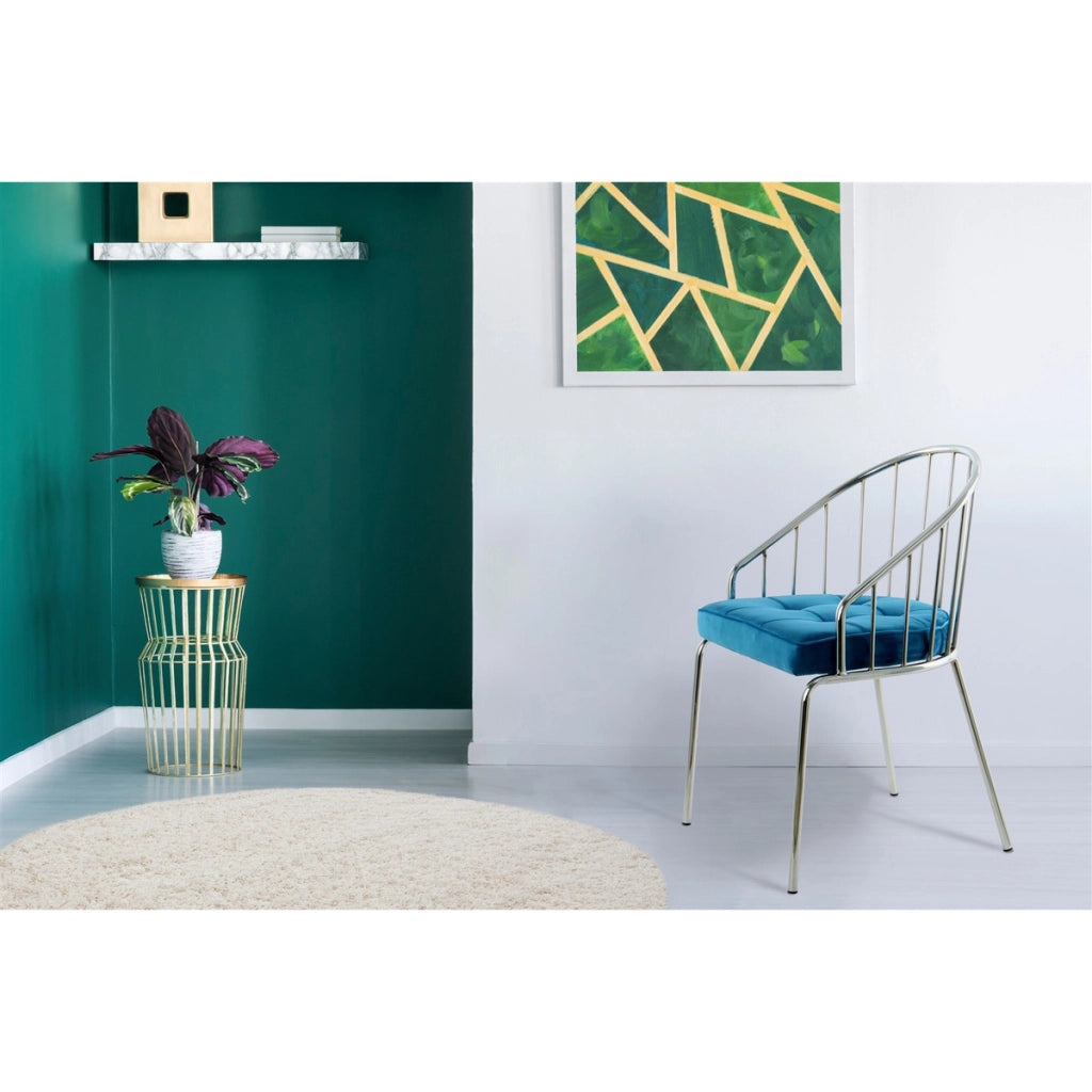 Sedia di design Palma in velluto blu e metallo cromato
