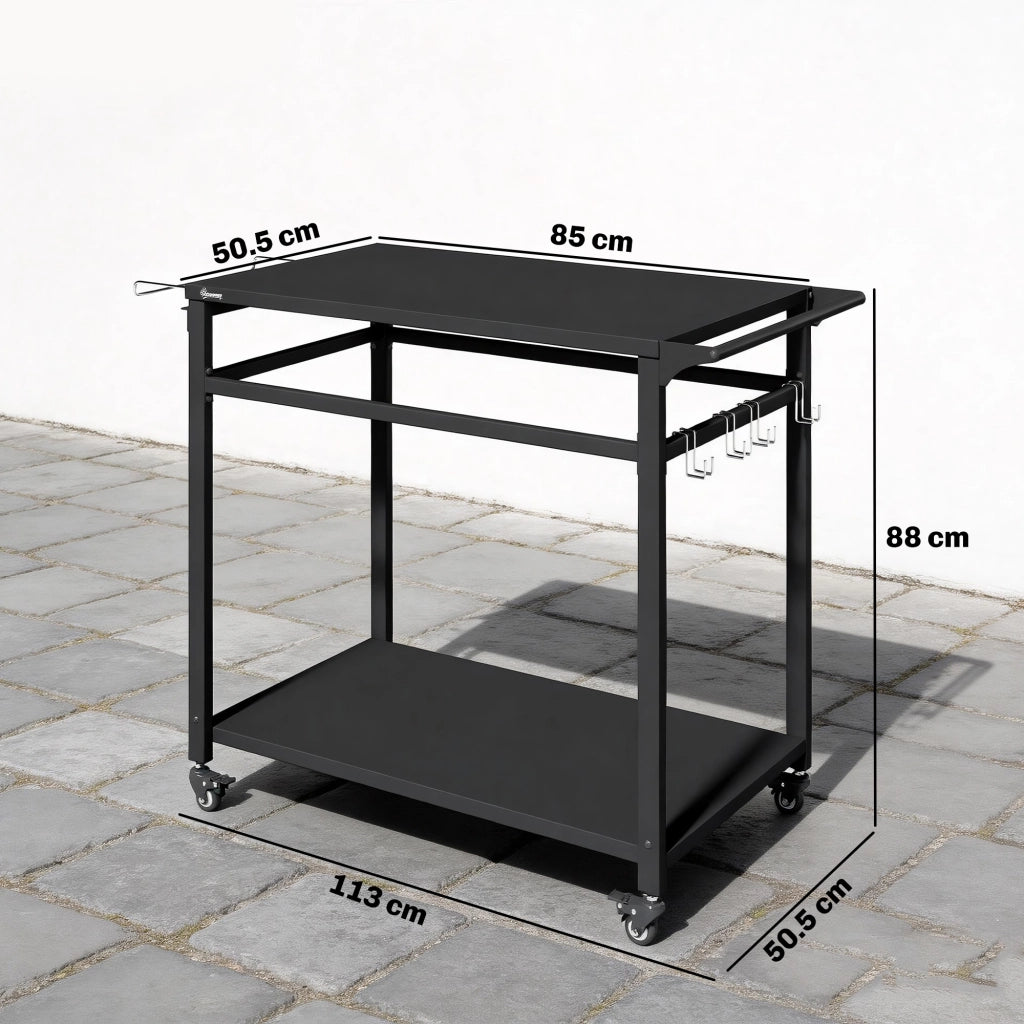 Carrello Barbecue, 2 Ripiani, Supporto Pizza, Portasacchi e Ganci, Nero.