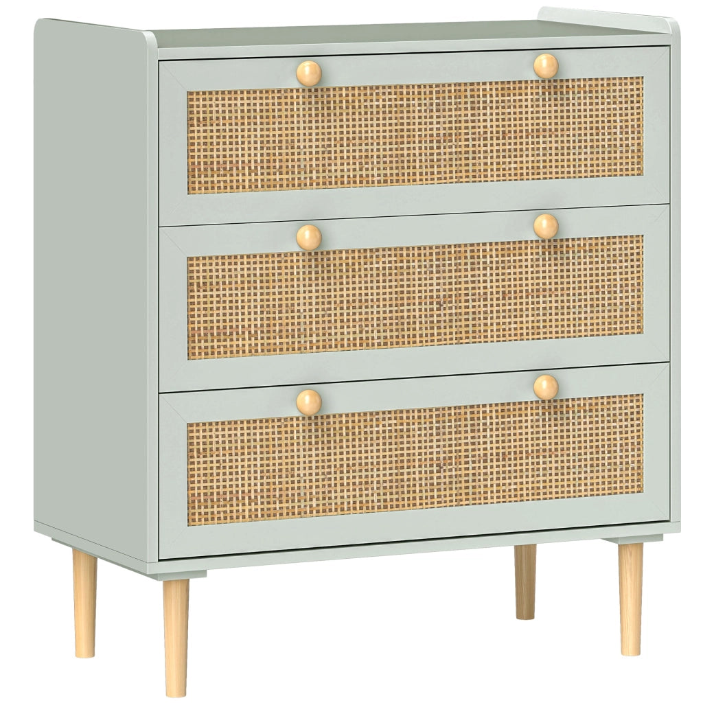 Cassettiera con 3 Cassetti, Fronte in Rattan, MDF ¨C zephmum ¨C Verde