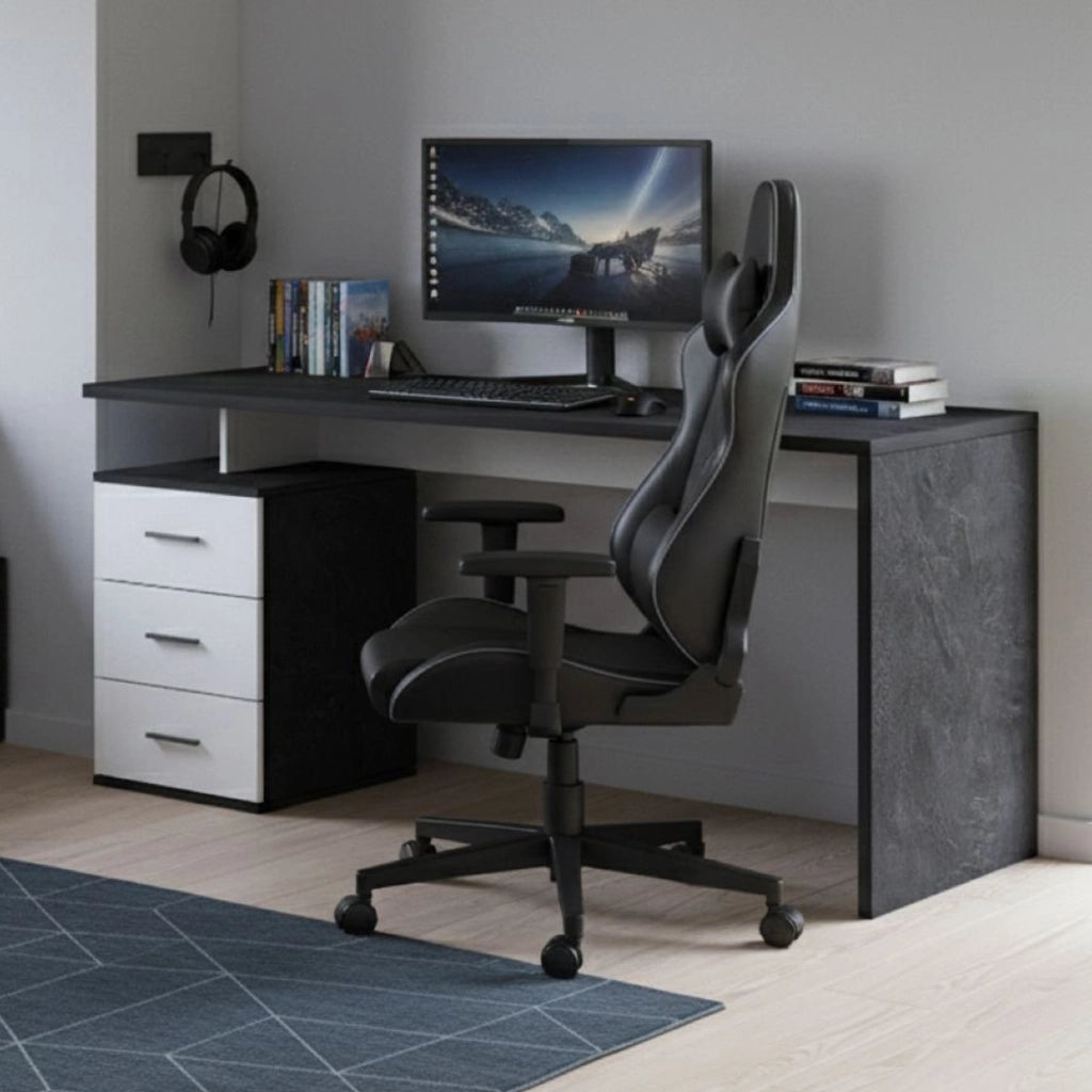 Scrivania Abisse, Scrittoio lineare, Scrivania ufficio multiuso, Scrivania salvaspazio multi posizione, 160x60h75 cm, Bianco e Ardesia