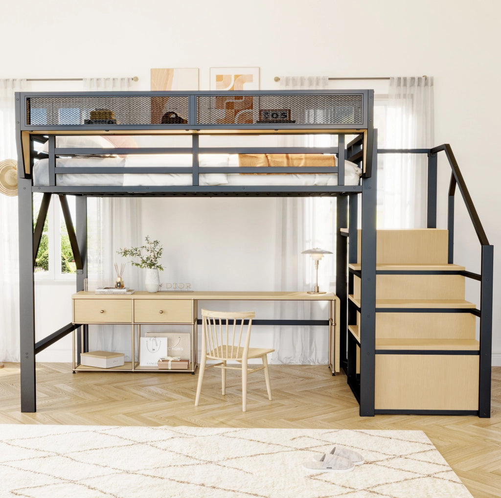 Letto a soppalco 140x200 cm nero con ripiano regolabile