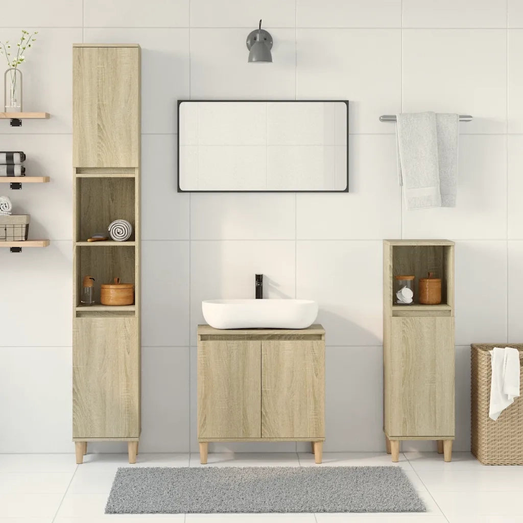 Set Mobili da Bagno | Armadio da bagno 3 pz Rovere Sonoma in Legno Multistrato