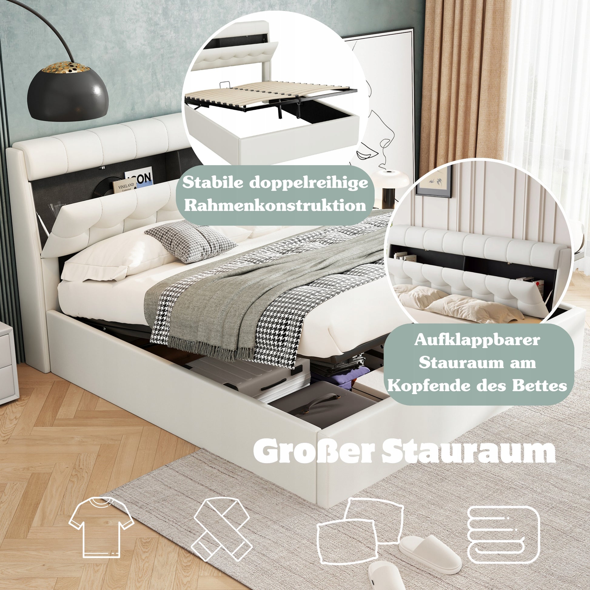 Letto matrimoniale con contenitore - Xylo - 160x200cm, Bianco, PU