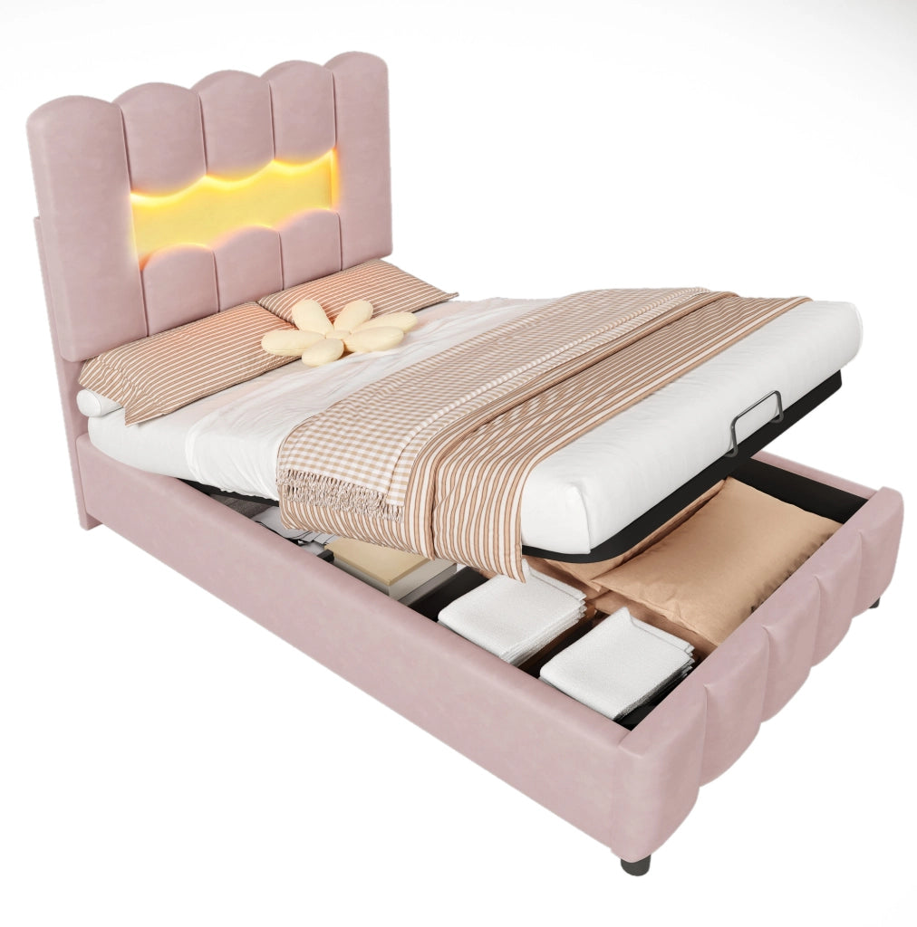Letto imbottito 90x200 cm con contenitore, LED e testiera regolabile