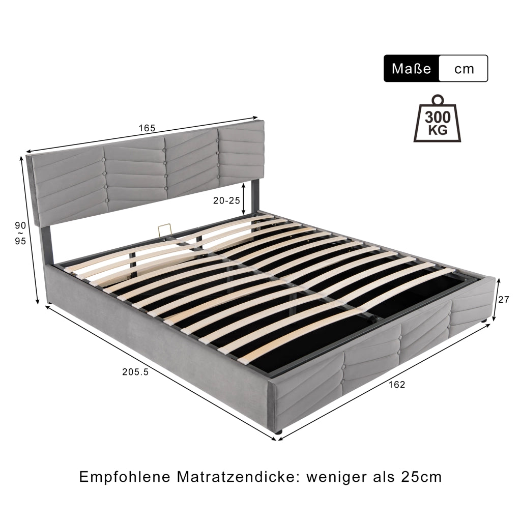 Letti contenitori 160x200 cm; testiera regolabile; velluto grigio (Senza materasso)