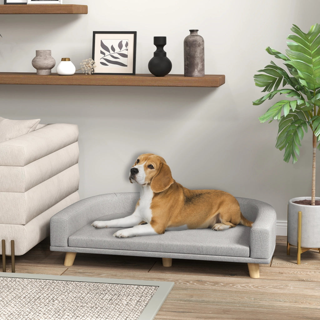 Divano per cani rialzato con cuscino sfoderabile, struttura in legno di pino, grigio, 98 x 67 x 25 cm