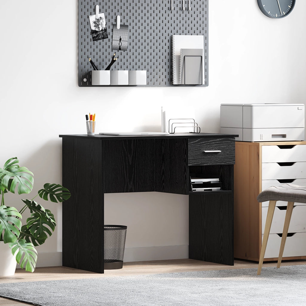 Scrivania con Ripostiglio Rovere Nero 90x49.5x75 cm Legno ingegnerizzato
