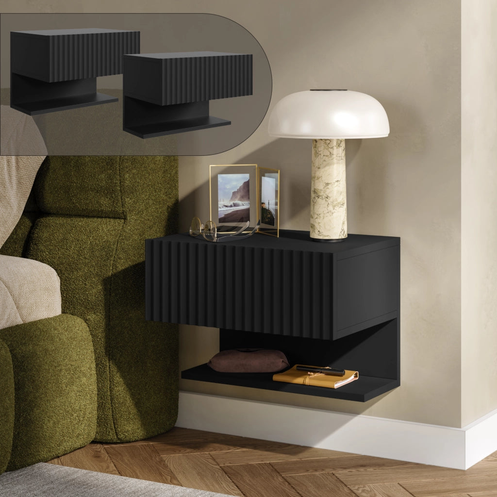 Set di 2 Comodini Sospesi da Parete Nand con Cassetto e Ripiano 42x30x30 cm Nero [en.casa]