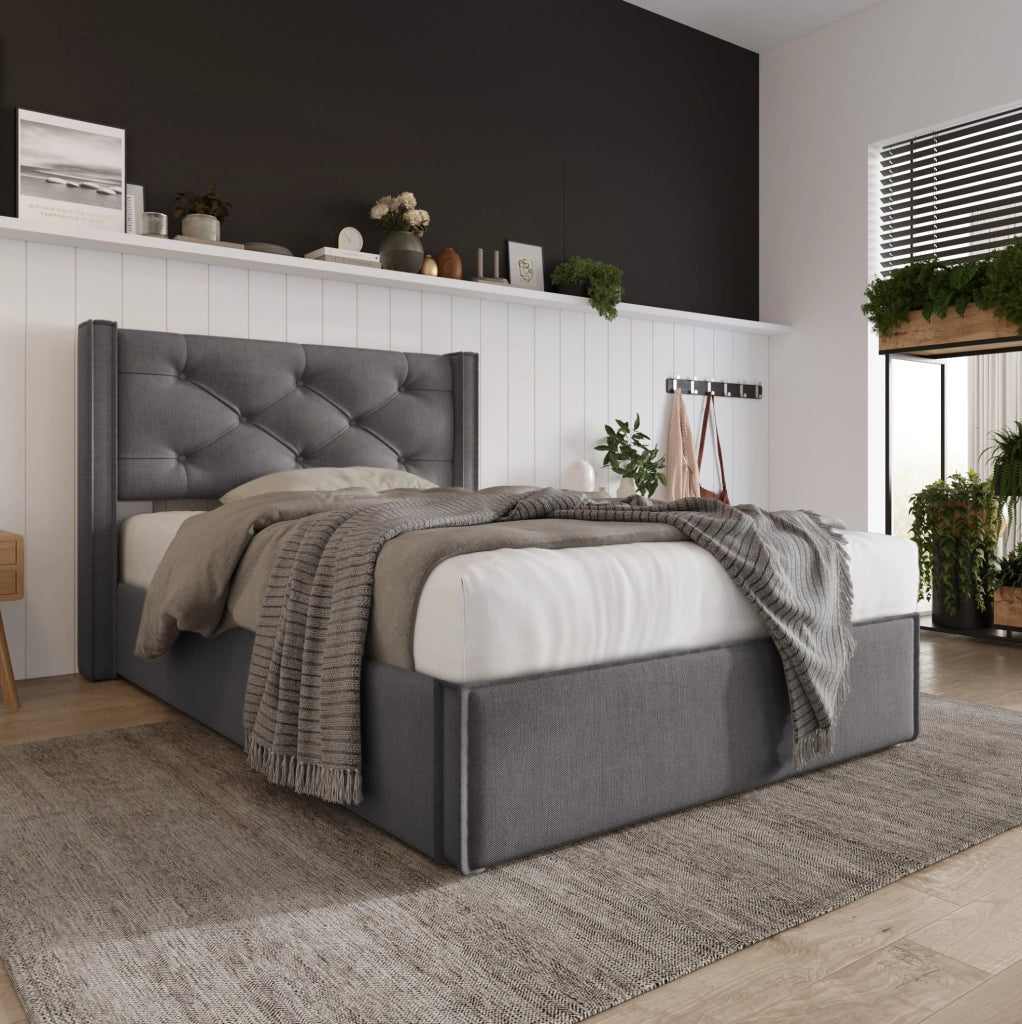 Letto singolo imbottito 90x200 cm con contenitore; sollevamento idraulico; grigio