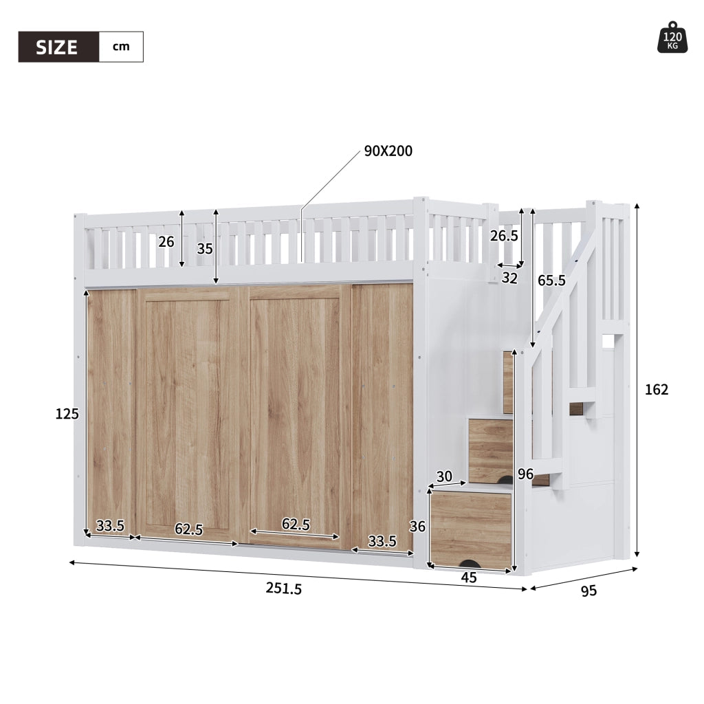Letto a Soppalco Multifunzionale ¨C MINIMAL ¨C Bianco/Rovere, con Armadio, LED, 90x200