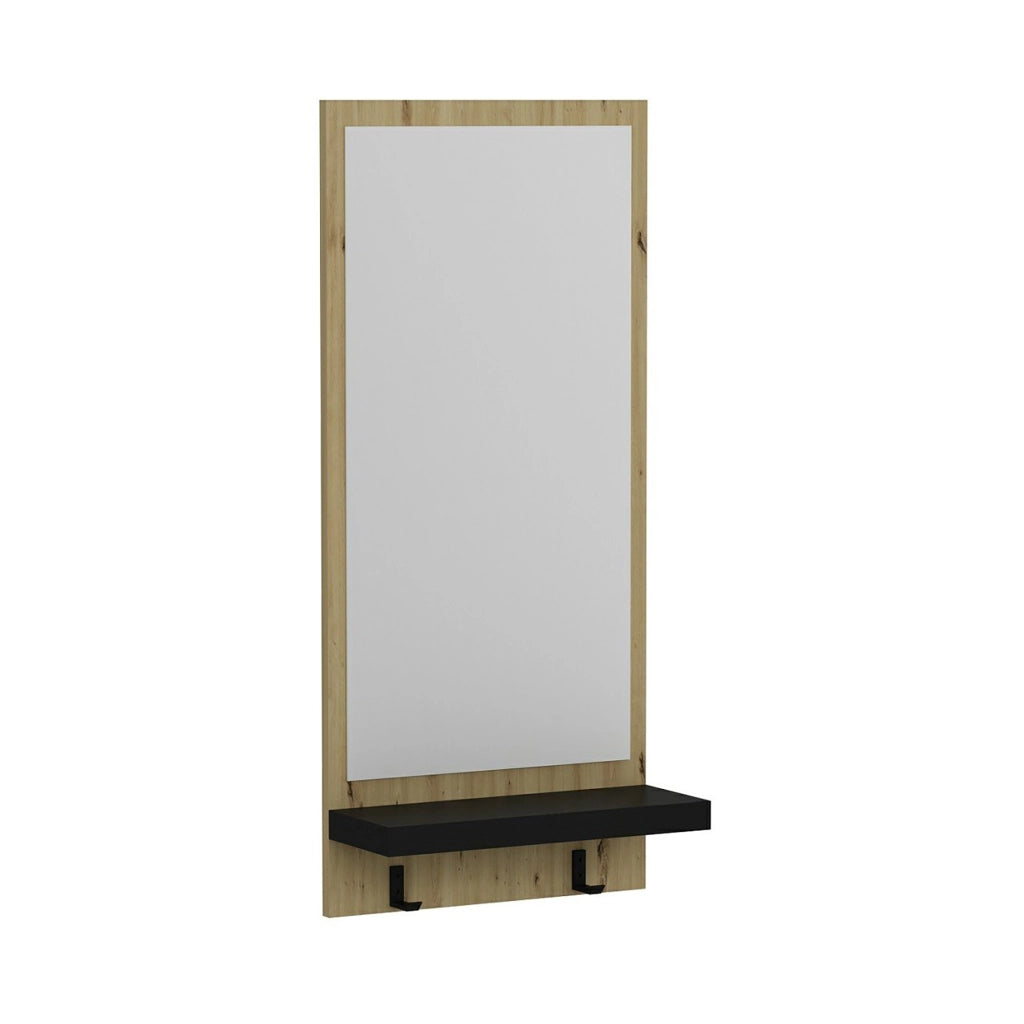 Pannello con Specchio 'Humlebæk' incl. 2 Ganci Appendiabiti e Ripiano - Rovere Artisan / Nero opaco [en.casa]