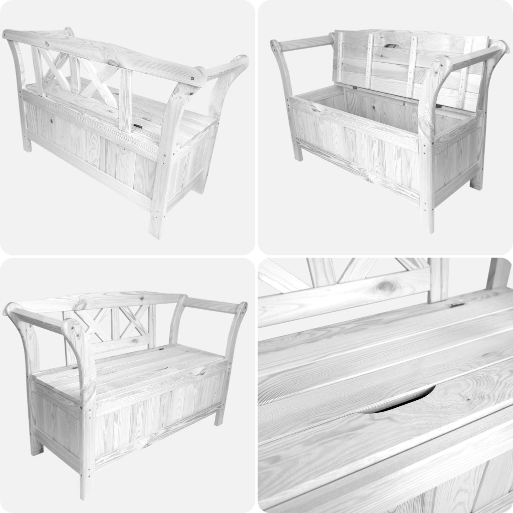 Panchina da giardino in legno KADAX con contenitore e schienale per terrazzo, 119 cm