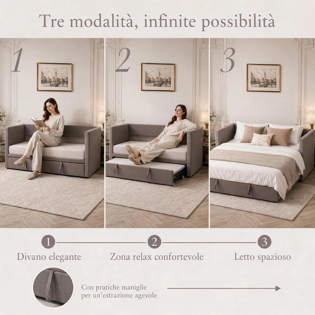 Divano letto matrimoniale 90/180x200cm;3 in 1 Letto divano estraibile;Velluto;Grigio