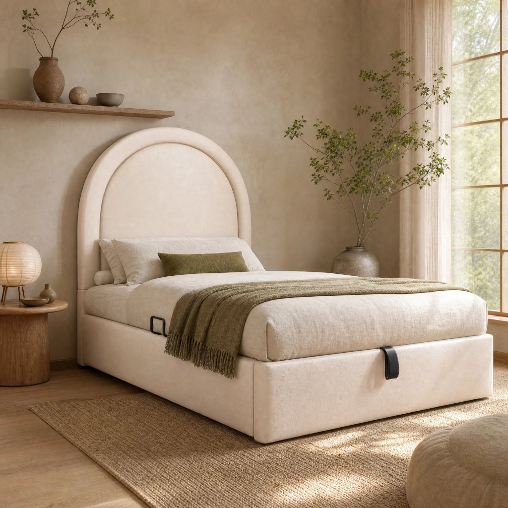 Letto imbottito per bambini 90x190 cm con contenitore idraulico, beige
