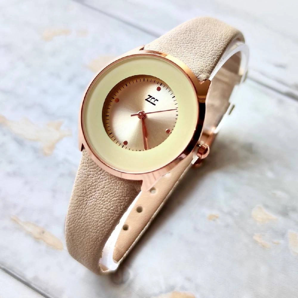 Trade Shop - Orologio Da Polso Zcc Analogico Moda Elegante Casual Beige Con Cinturino Pelle -