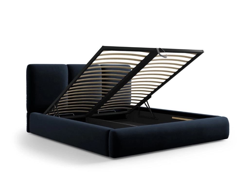 Cosmopolitan Design - Letto a cassettone con testiera "Nicolas" 140x200cm in velluto blu scuro 