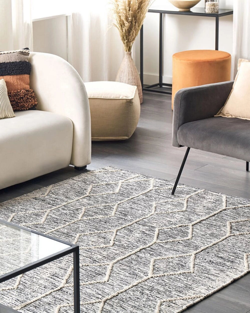 Tappeto grigio con lana beige misto cotone 140 x 200 cm moderno geometrico intrecciato a mano a trama piatta