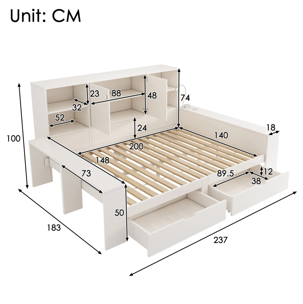 Letto 140x200 cm con cassetti, vani contenitivi e prese USB/USB-C