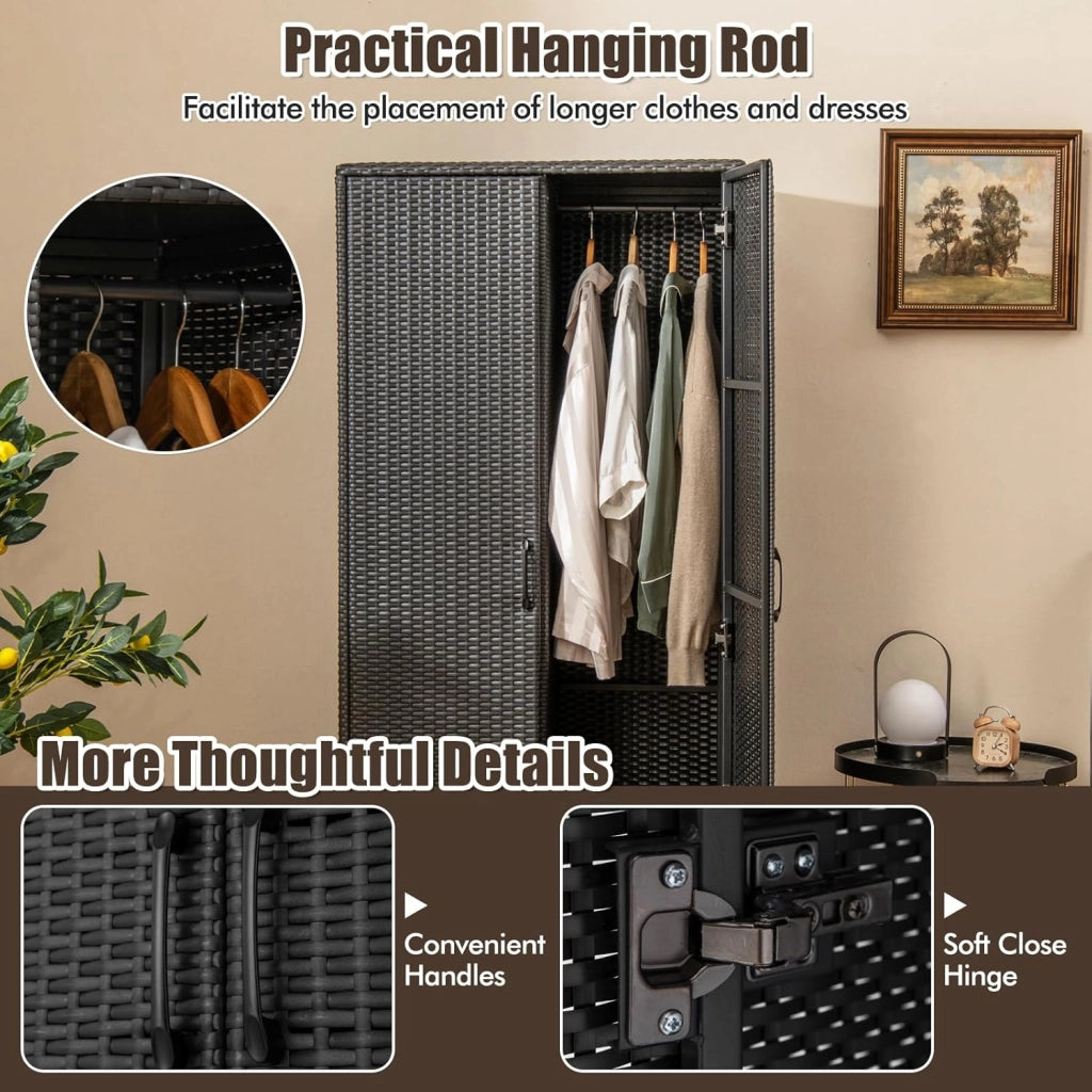 Armadietto da giardino in rattan, con 5 ripiani e mensole sospese, armadietto da terrazza con doppie porte, armadietto in rattan, 72 x 50 x 157 cm (nero)