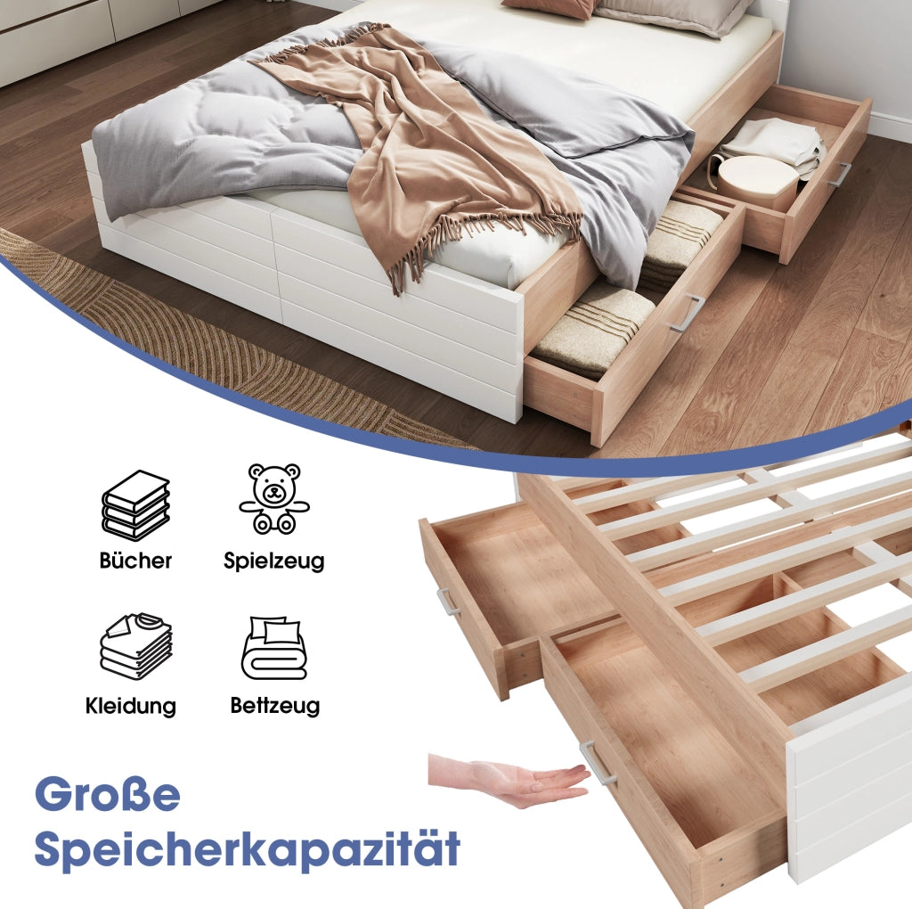 Letto matrimoniale 160x200 cm con 2 cassetti; in legno massello e MDF; bianco e rovere chiaro