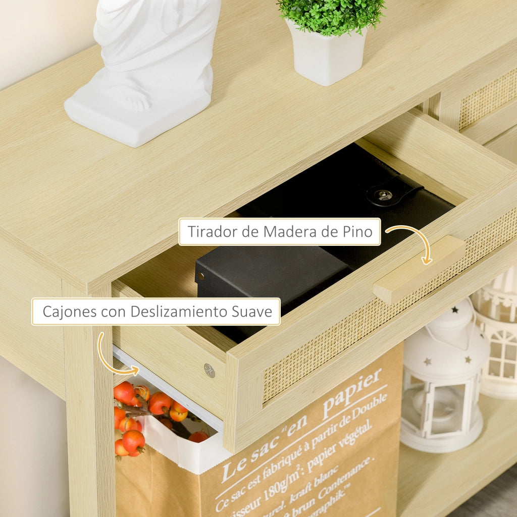 Consolle ingresso con 2 cassetti effetto rattan e ripiano inferiore ¨C Xylo ¨C 100x30x76 cm naturale